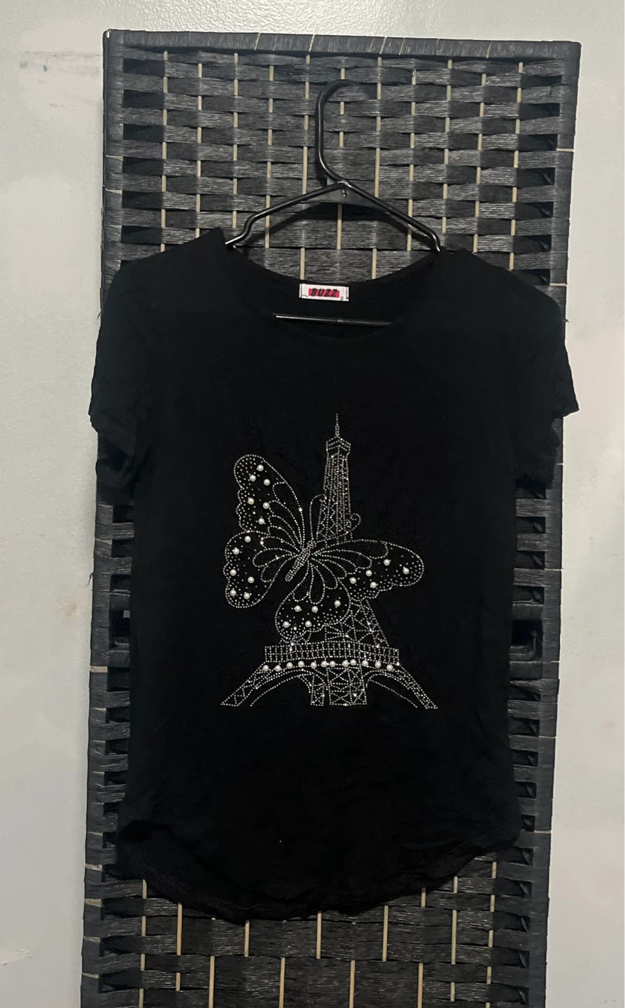 BUZZ Black Eiffel Tower Butterfly Rhinestone T-Shirt