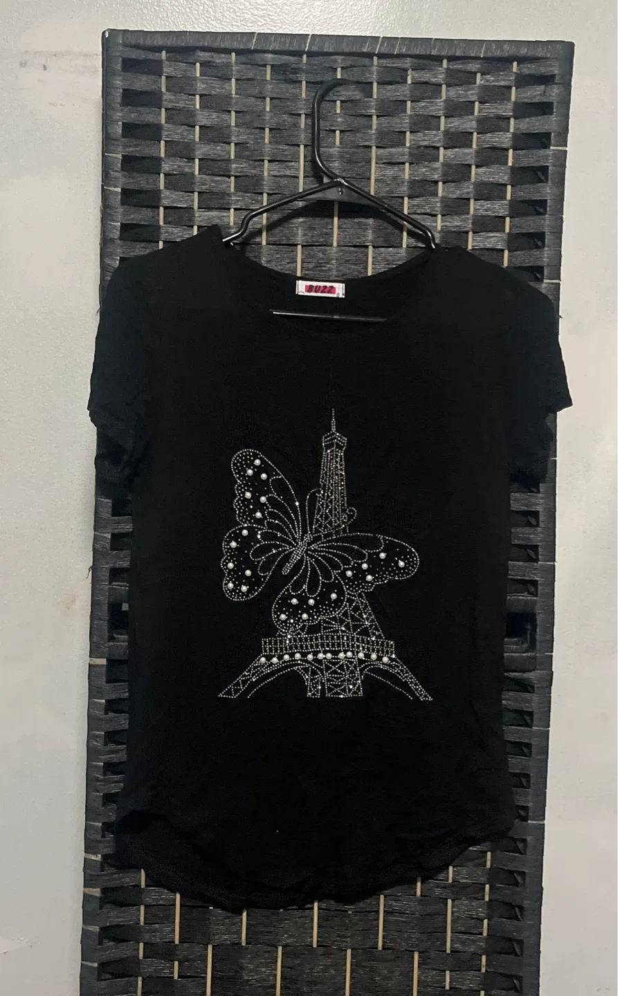 BUZZ Black Eiffel Tower Butterfly Rhinestone T-Shirt
