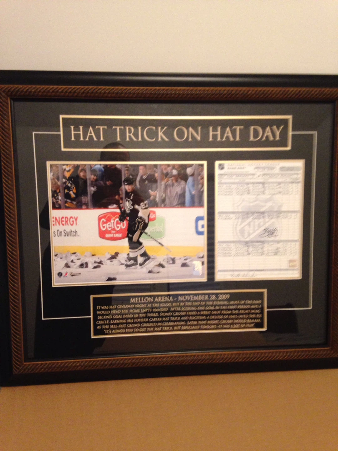 Framed Sidney Crosby Hat Trick on Hat Day Memorabilia