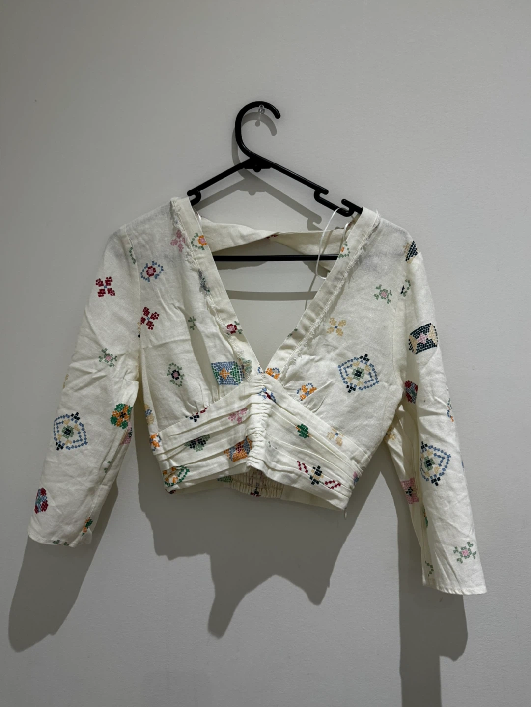 Zara matching set Green Pants and Embroidered White Blouse