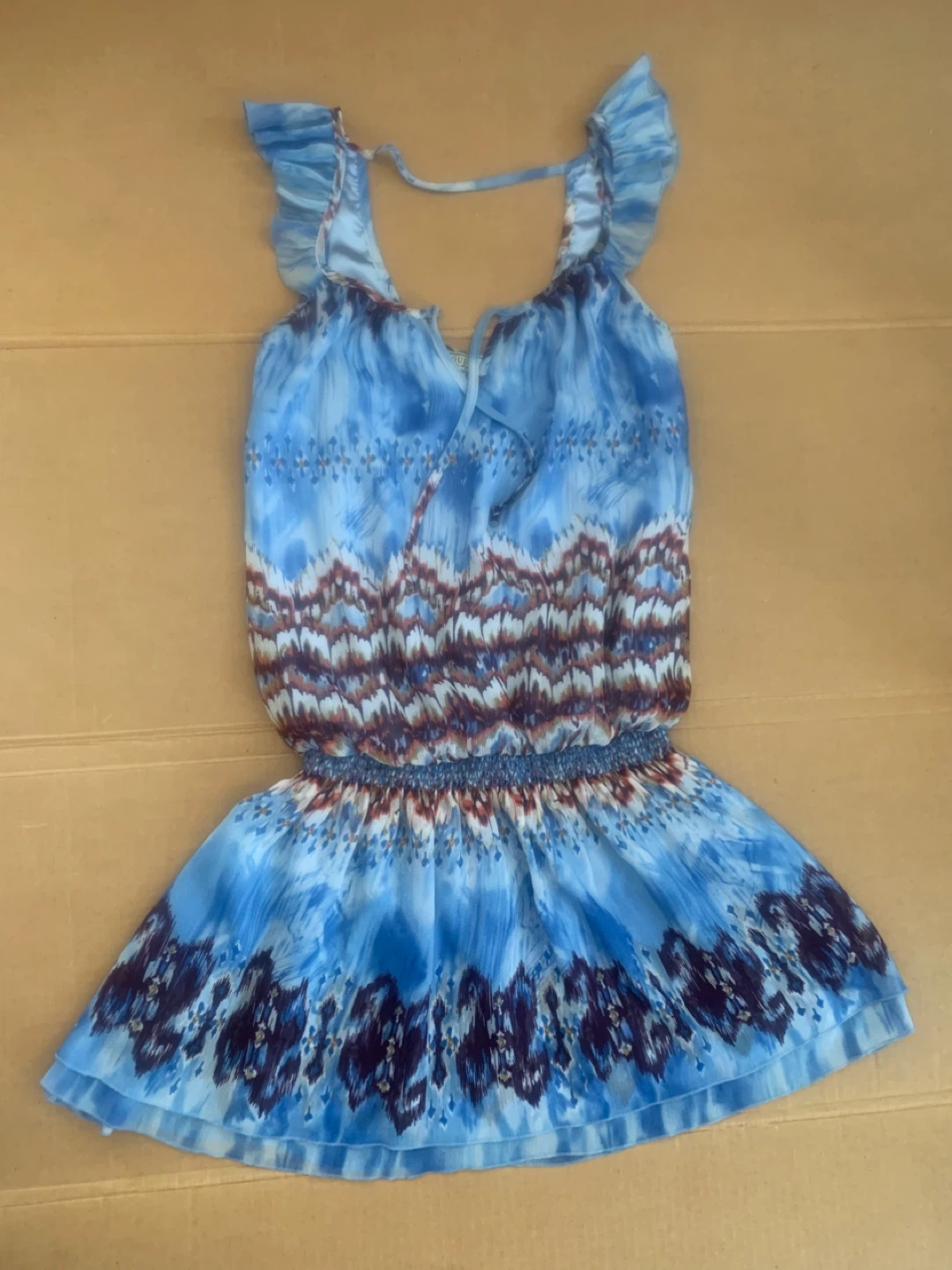 Blue Boho Print Smocked Waist Mini Dress - photo 2