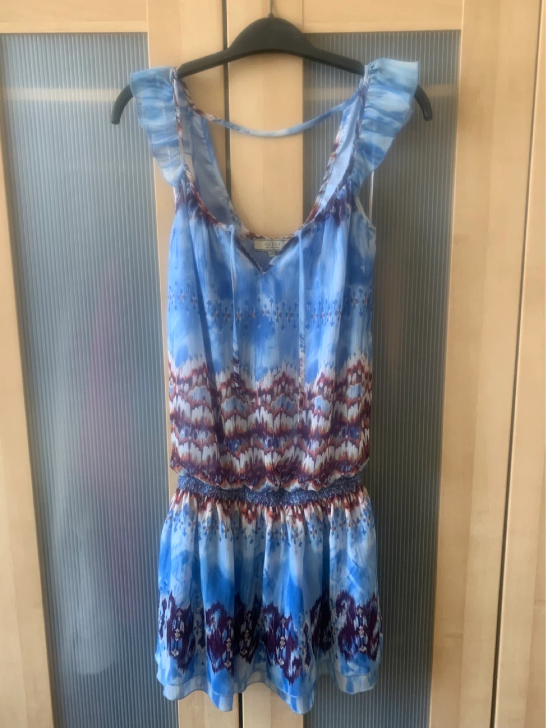 Blue Boho Print Smocked Waist Mini Dress