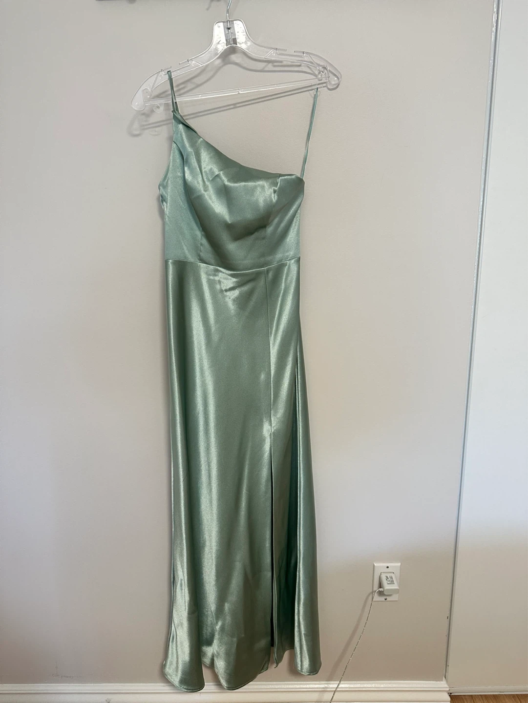 Women's Satin Maxi Dress with Slit - Sage Green - photo 3