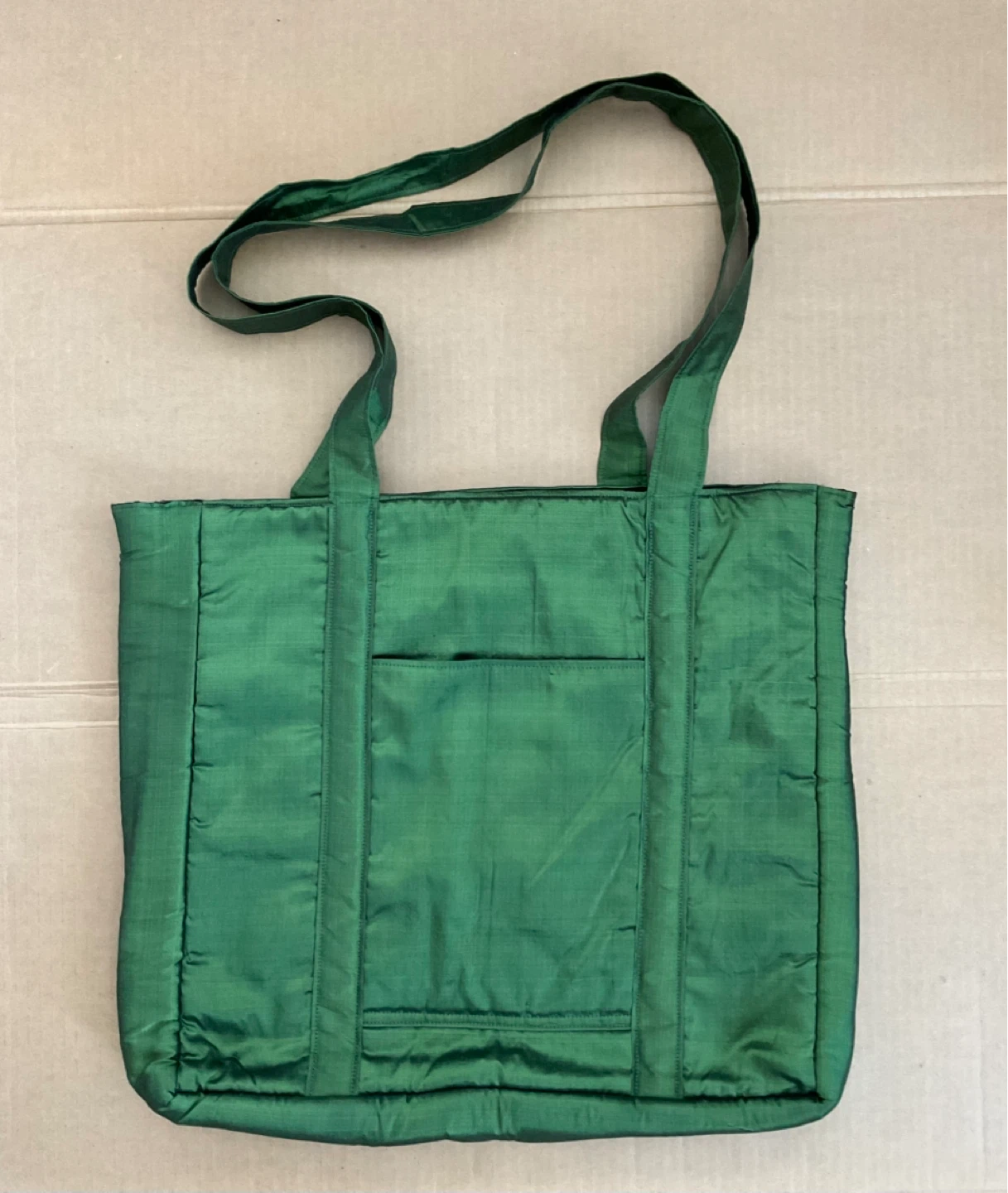 Green Silk Quilted Tote Bag with Front Pocket