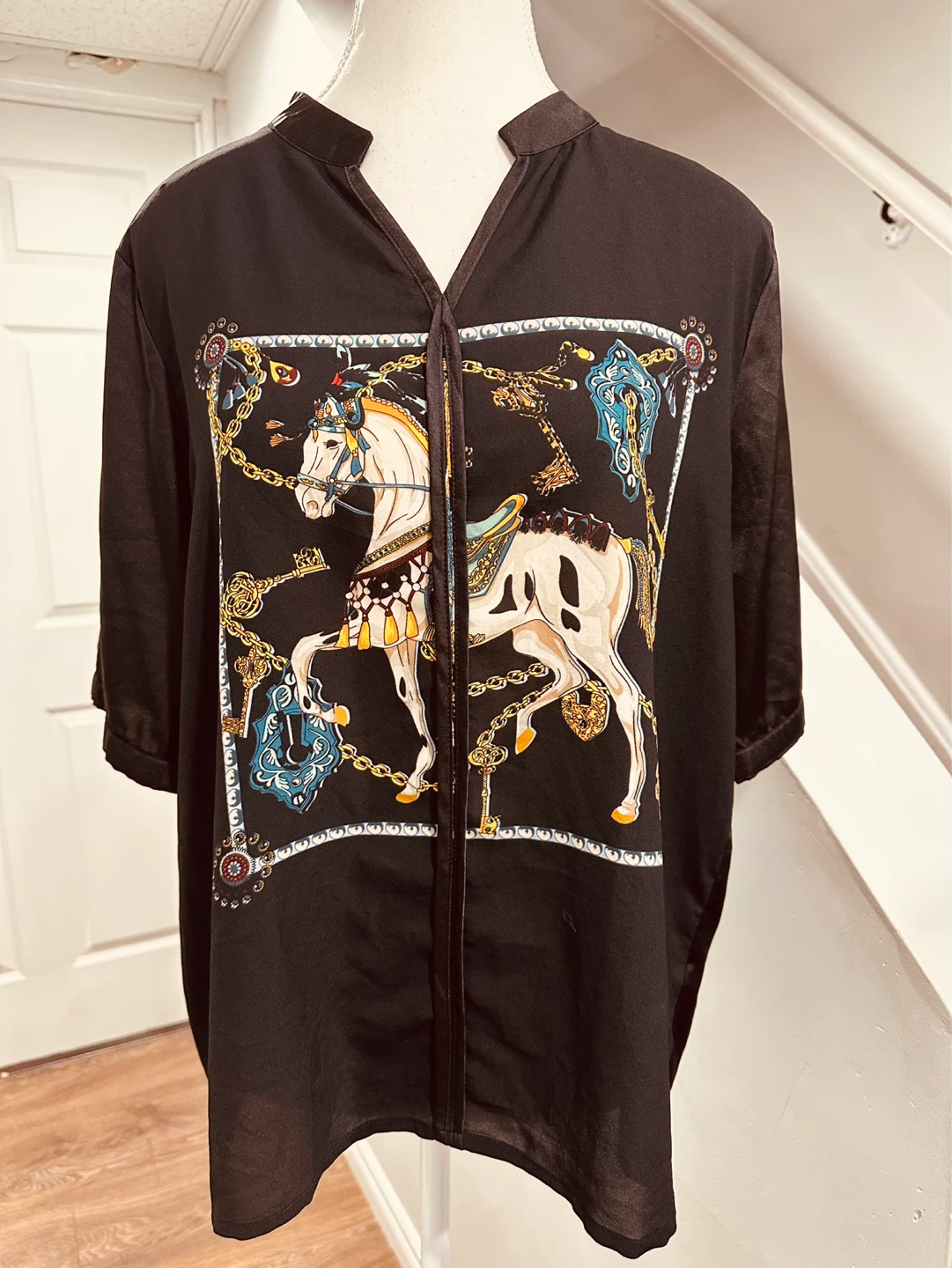 Black Blouse with Horse and Chain Print