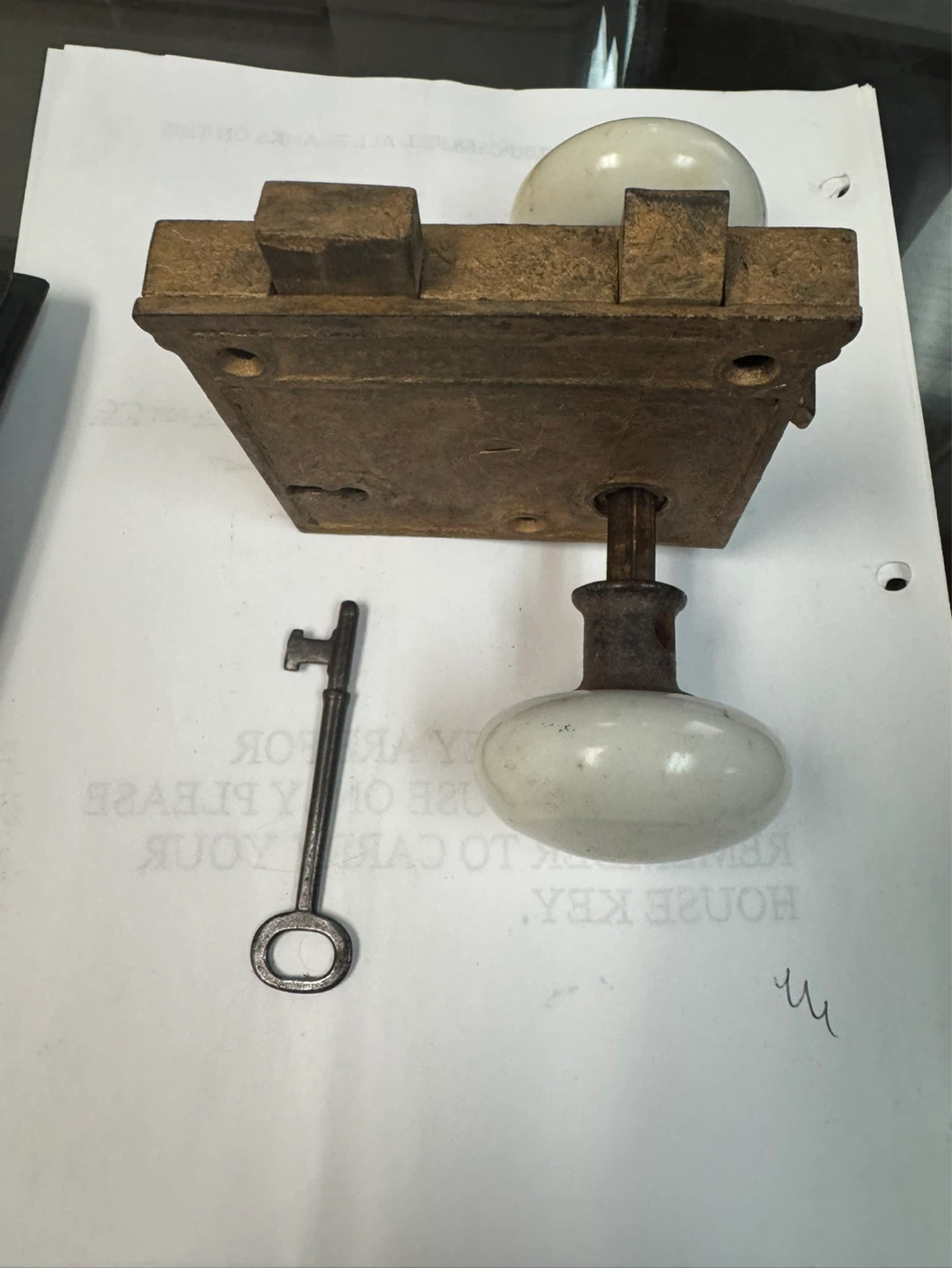 Antique Interior Door Lock Set with Porcelain Knobs and Key - photo 3