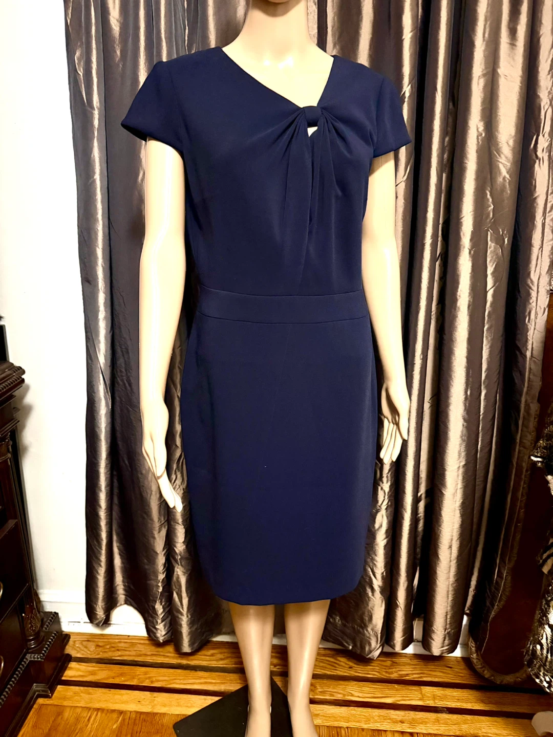 🌱Tahari Navy Twist-Front Midi Dress