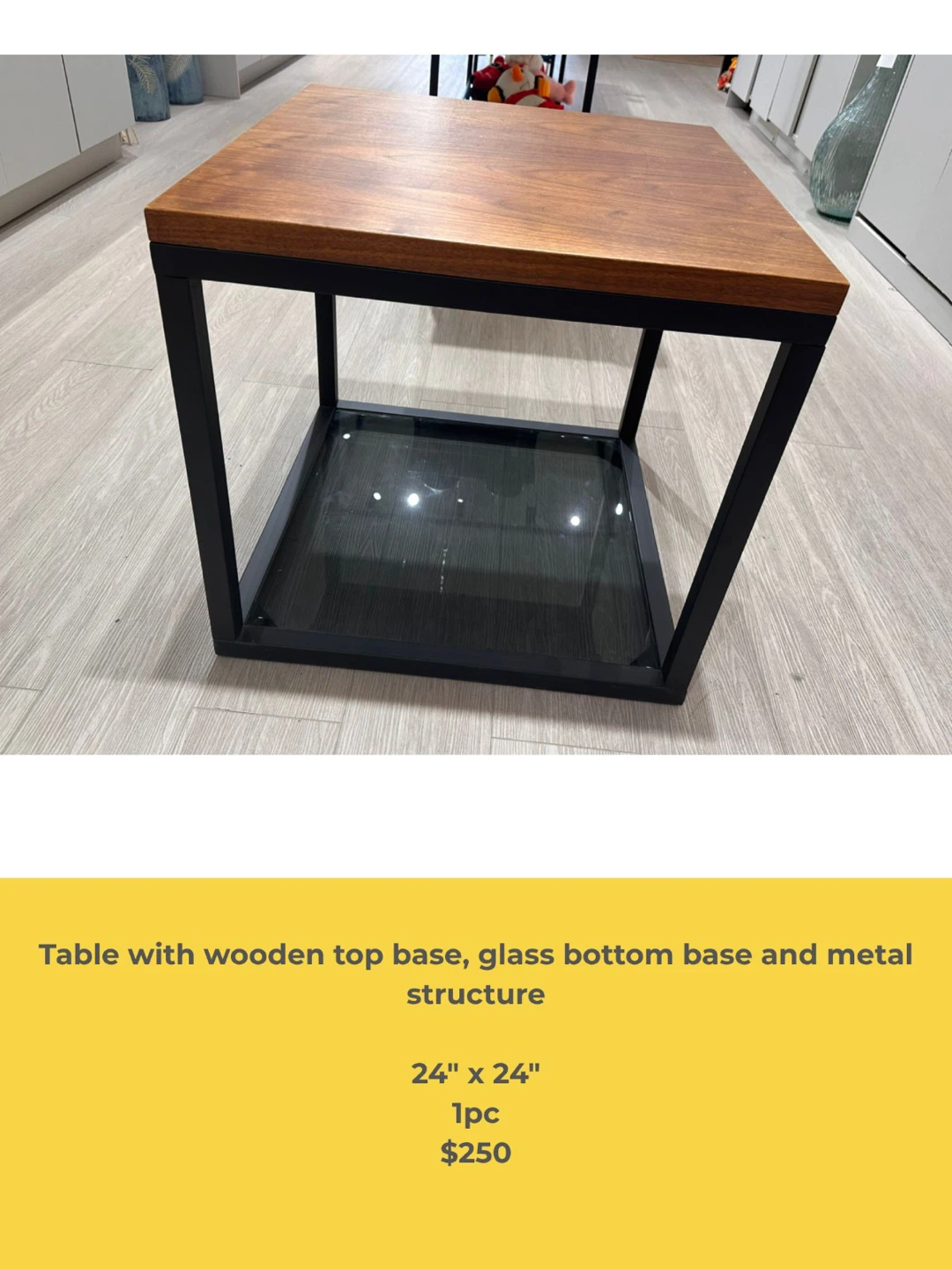 Square End Table - Wood Top & Glass Shelf