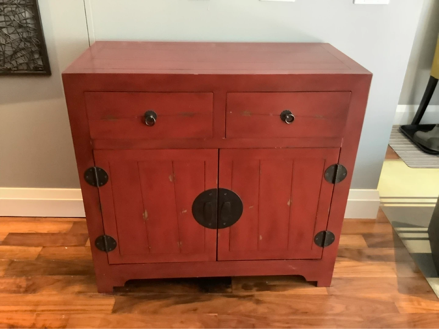Red Chinese Style Cabinet with Two Drawers and Doors