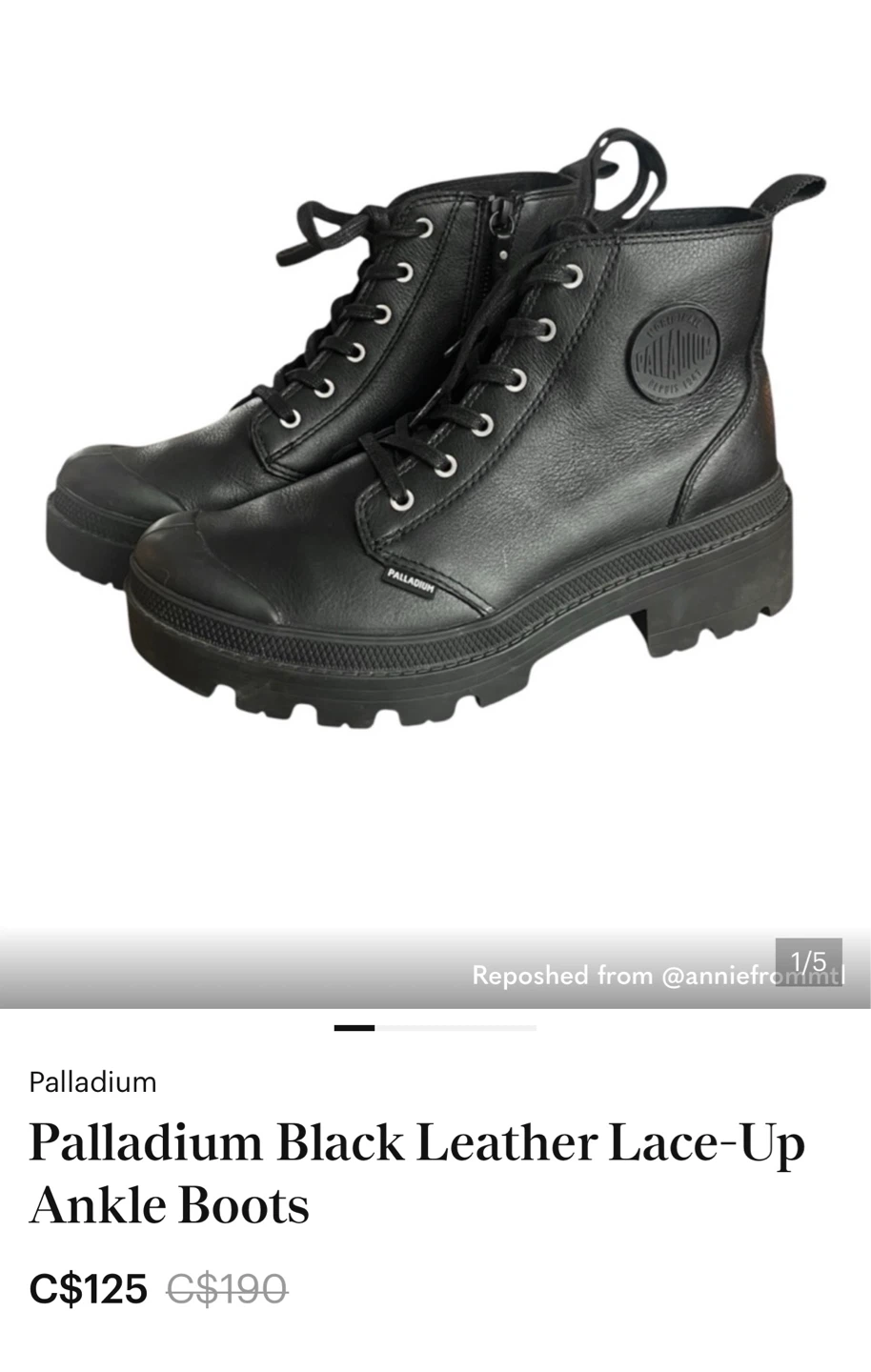 Palladium Black Leather Lace-Up Ankle Boots - Women's Size 8.5