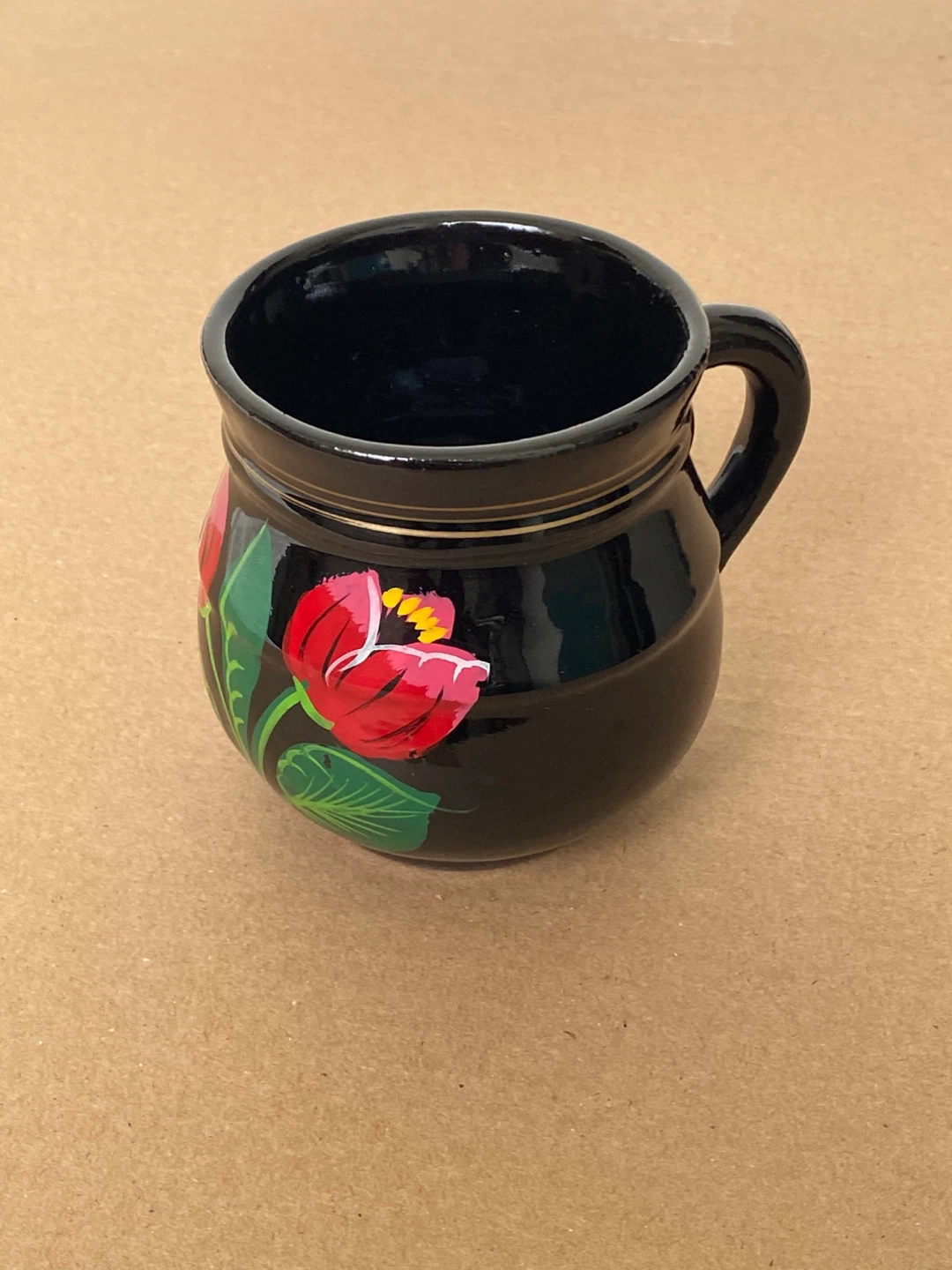 Hand-Painted Black Ceramic Mug with Flowers