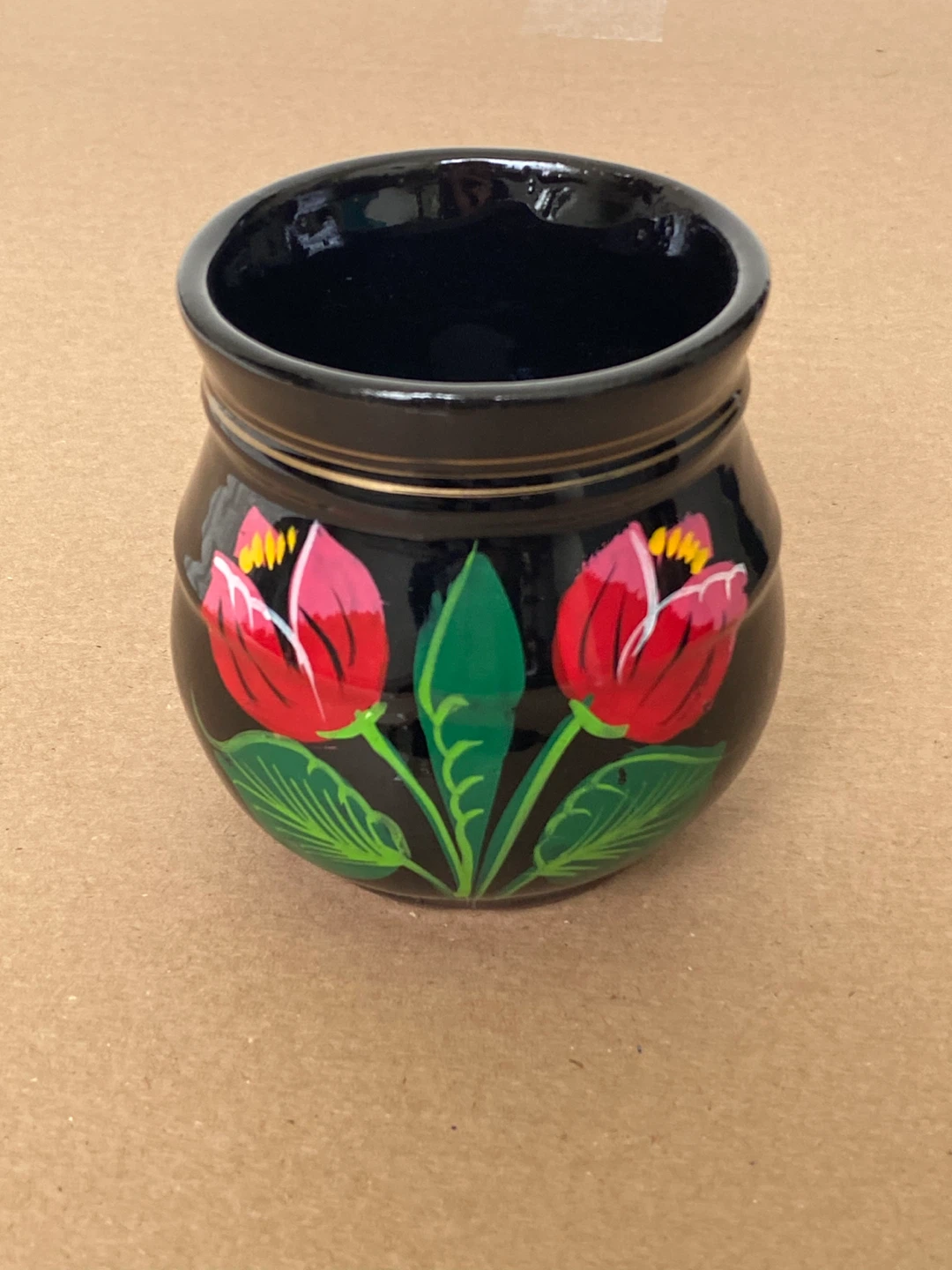 Hand-Painted Black Ceramic Mug with Flowers - photo 2