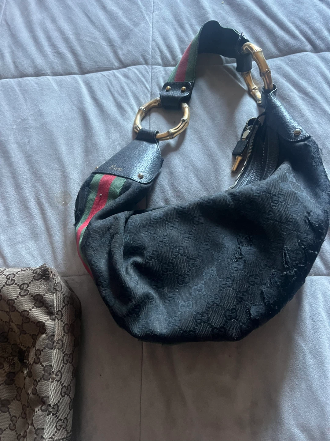 Gucci Black GG Monogram Bamboo Hobo Bag