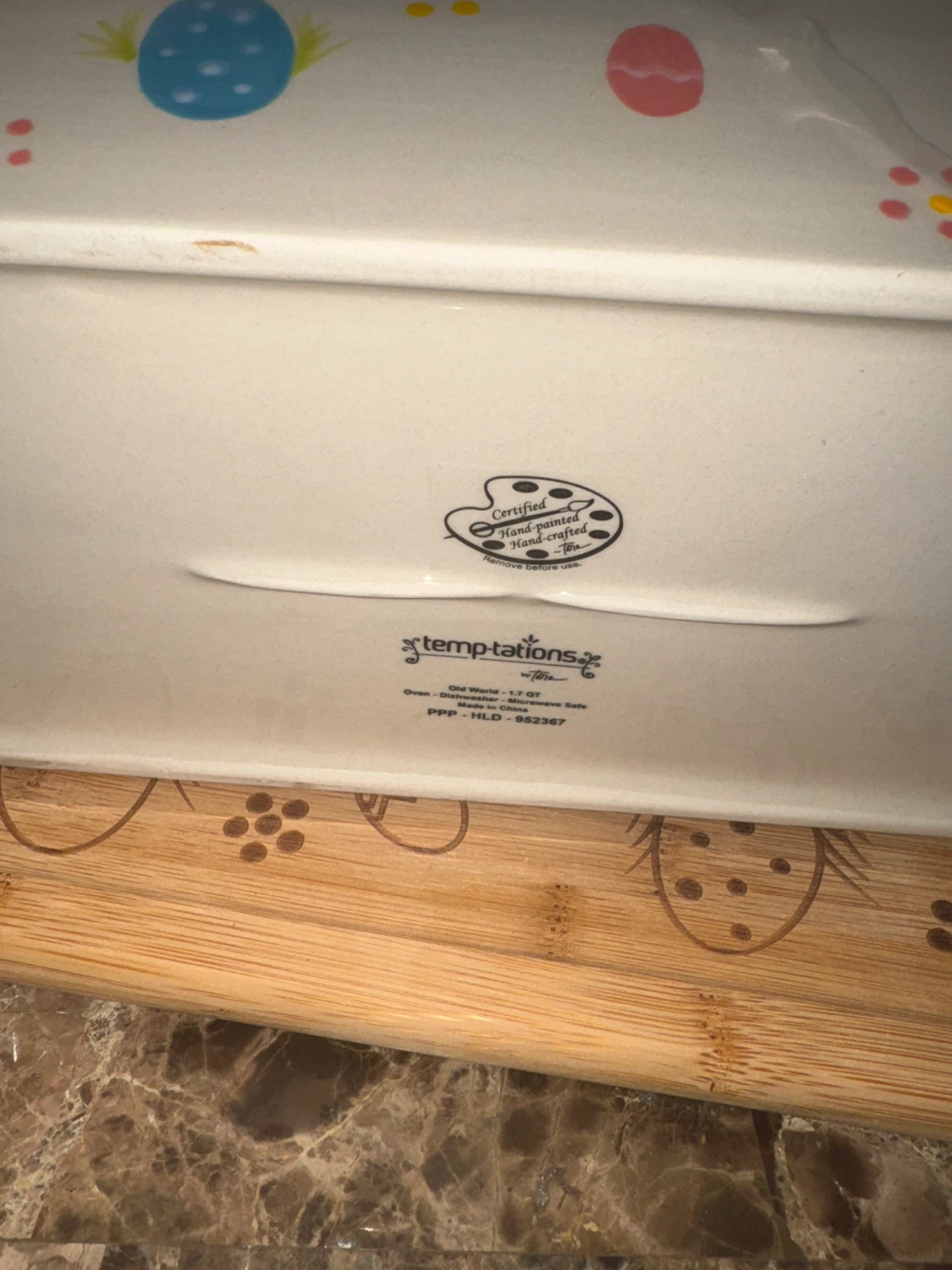 Temptations Hand-Painted Ceramic Baking Dish with Wooden Platter - photo 4