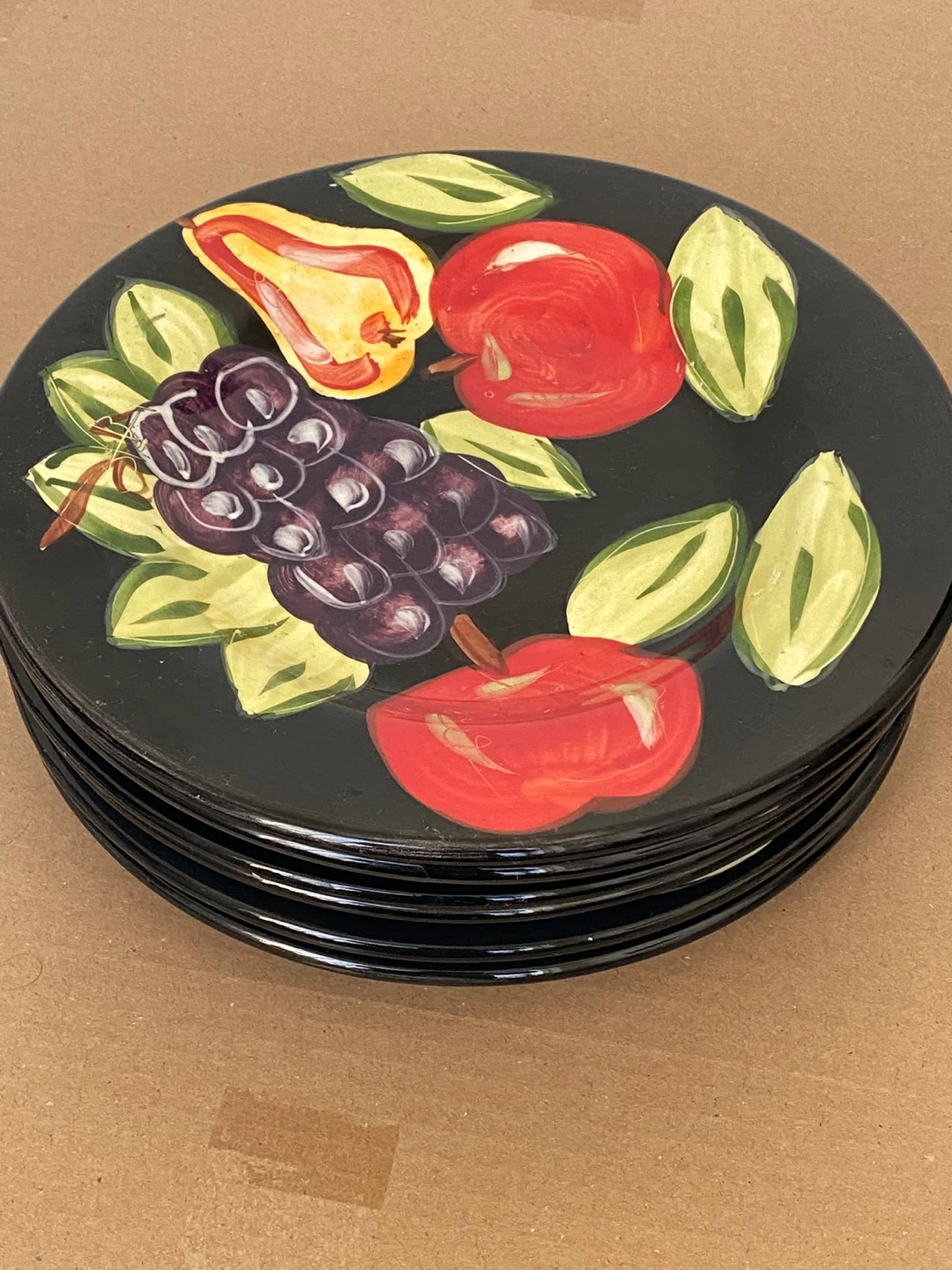 Set of 6 Hand Painted Black Plates with Fruit Design