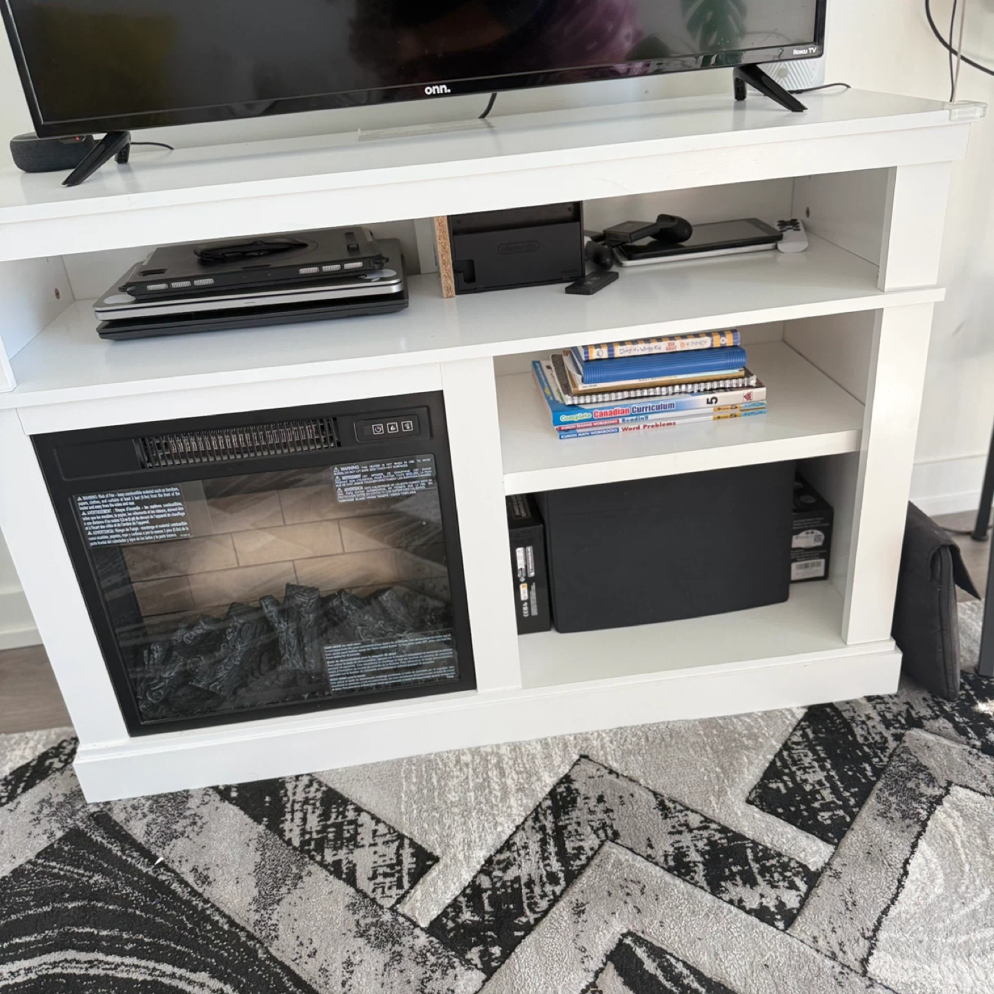 White Entertainment Stand with Electric Fireplace