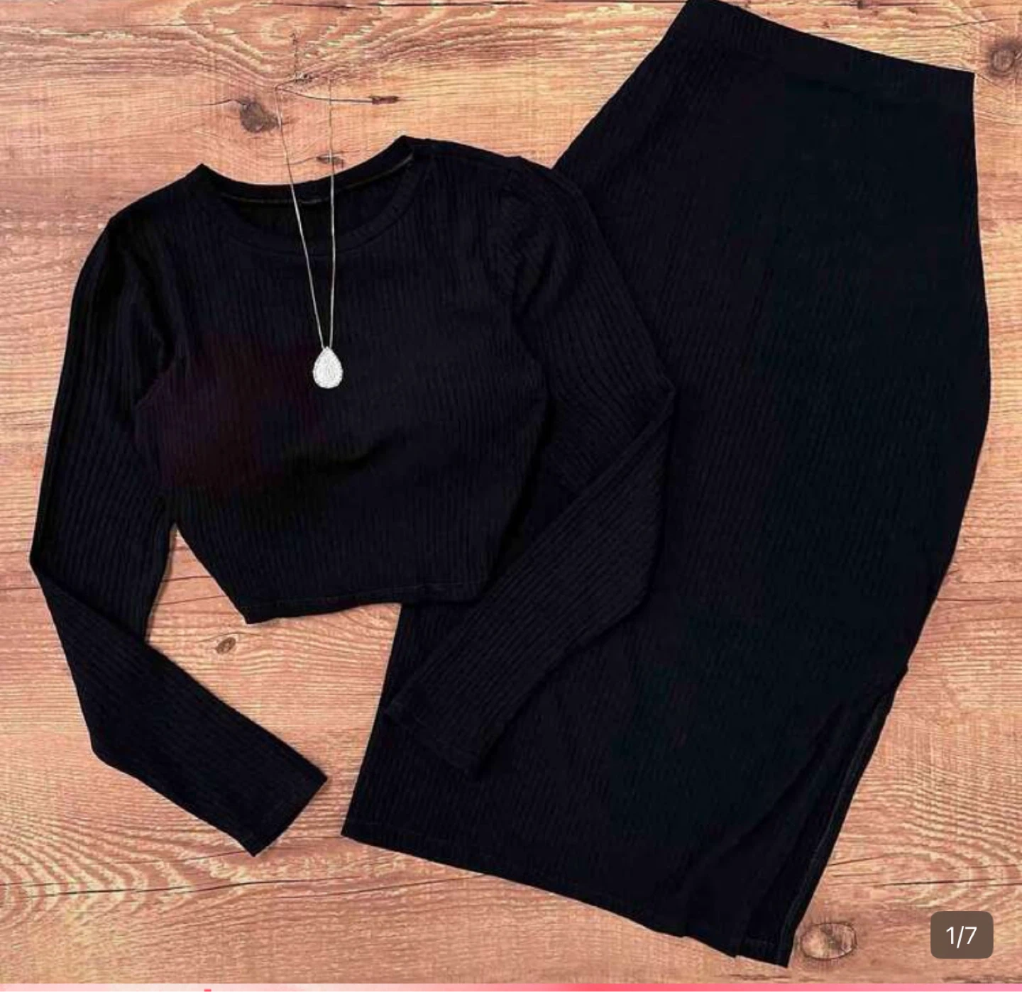 Black Ribbed Knit Crop Top and Midi Skirt Set