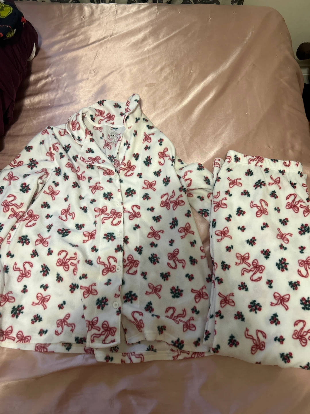 White Pajama Set with Red Bows and Holly Pattern
