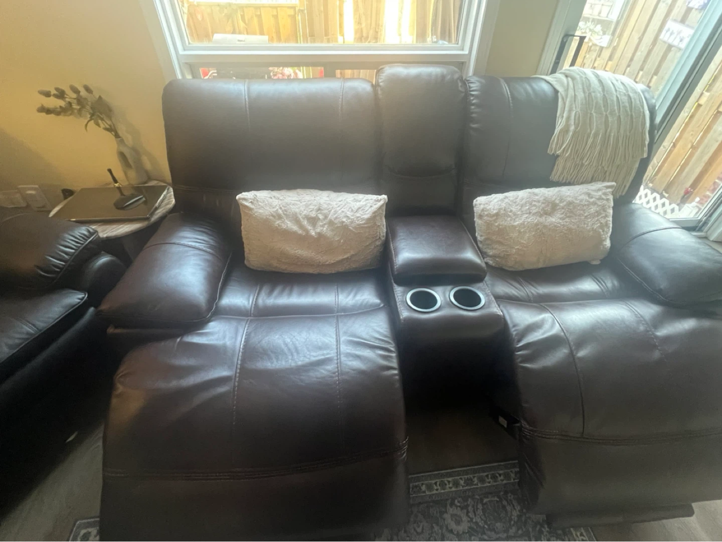 Brown Leather Loveseat Recliner with Cup Holders - photo 2