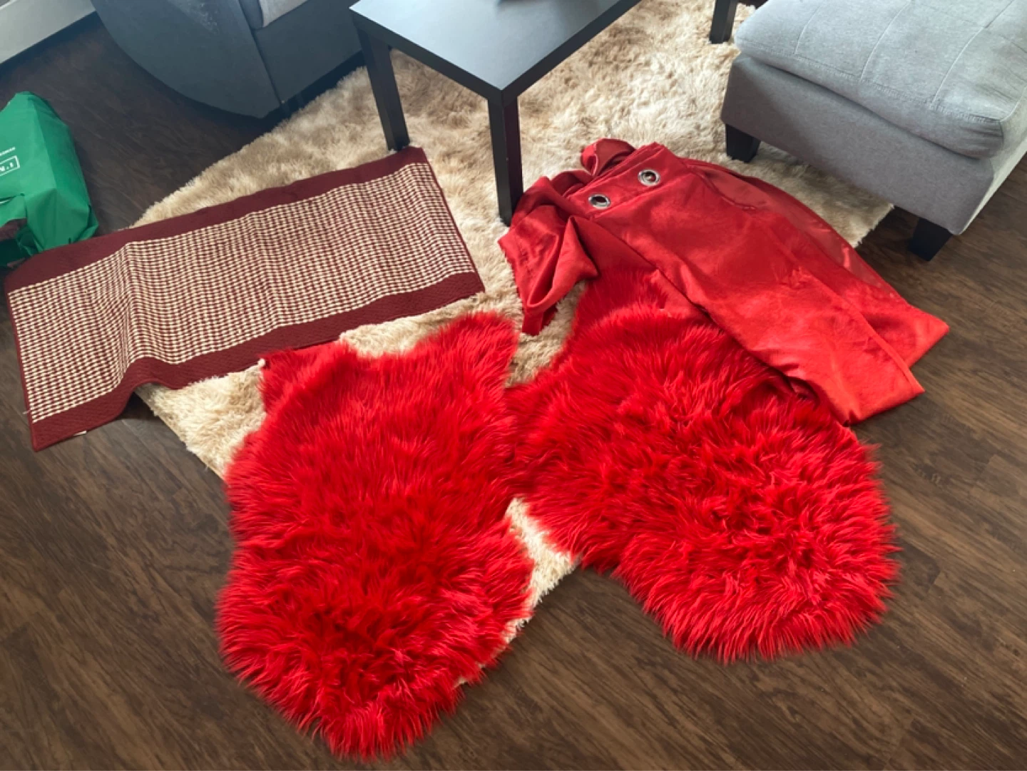 Red Faux Fur Rugs (Pair) and curtains and rug