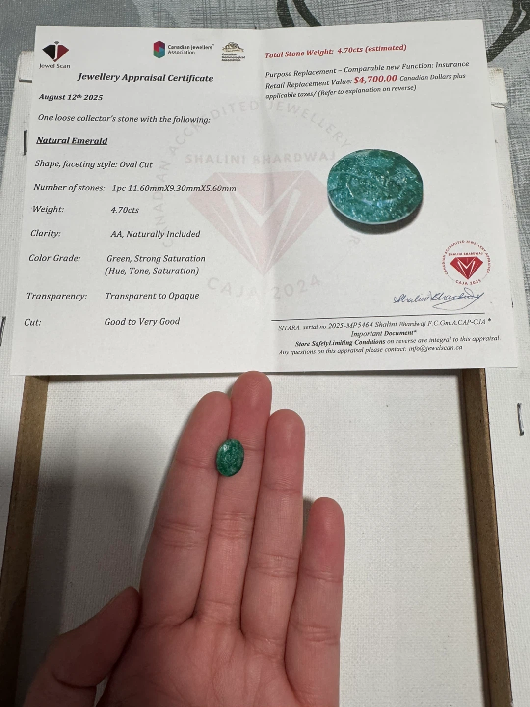 Natural Emerald Gemstone, Oval Cut, 4.70ct