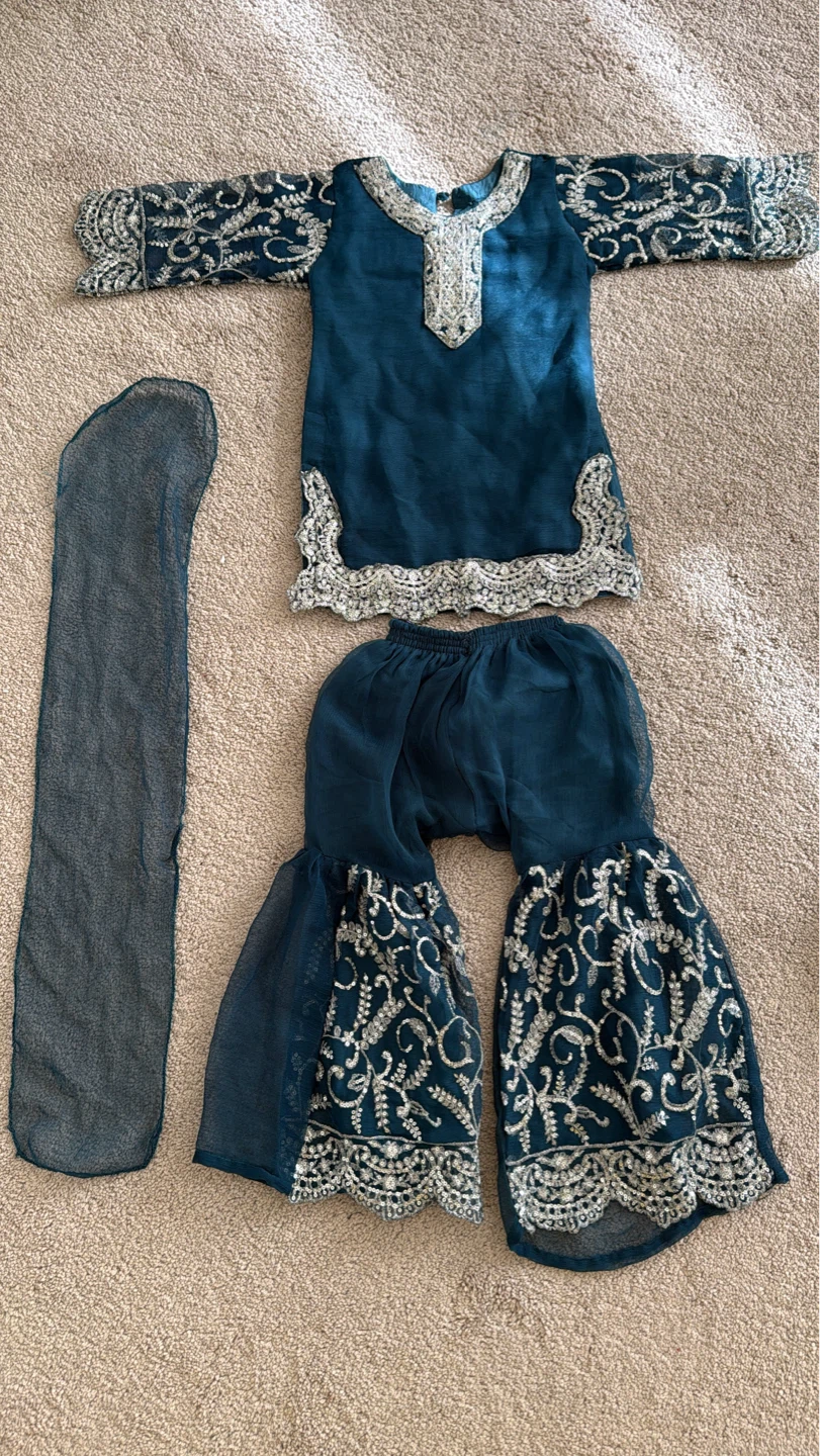 Girls Teal Embroidered Kurti with Sharara Pants - photo 3