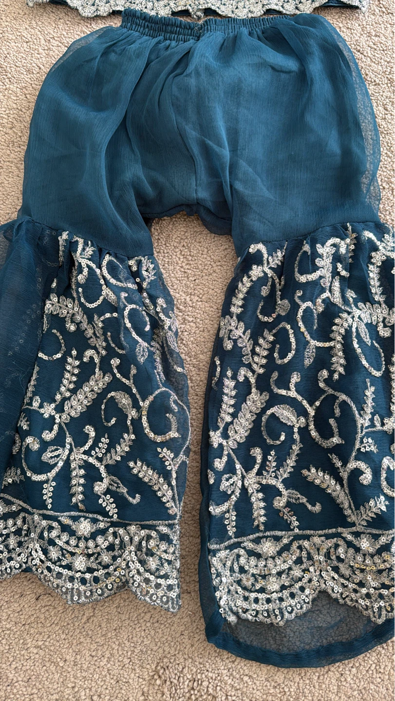Girls Teal Embroidered Kurti with Sharara Pants - photo 2