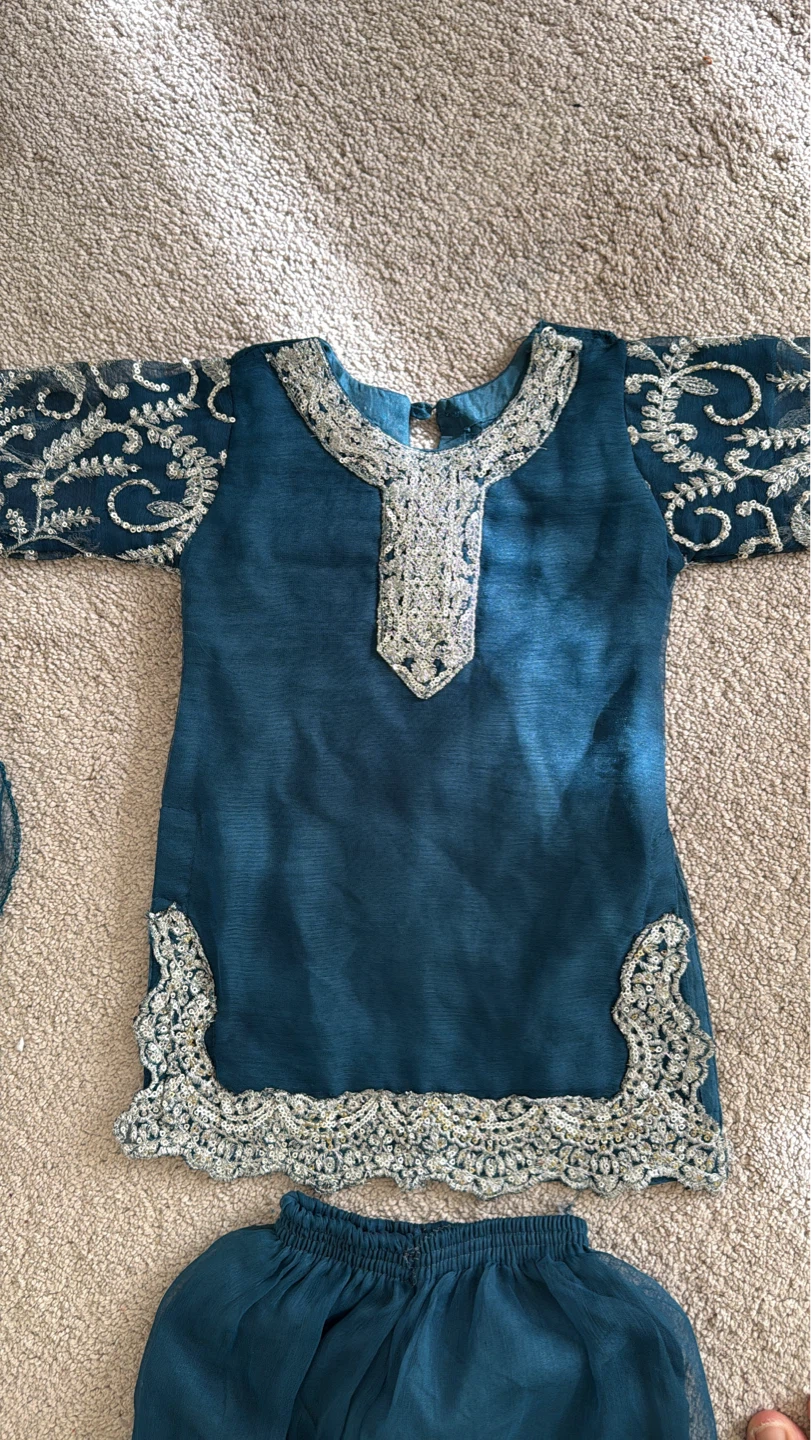 Girls Teal Embroidered Kurti with Sharara Pants
