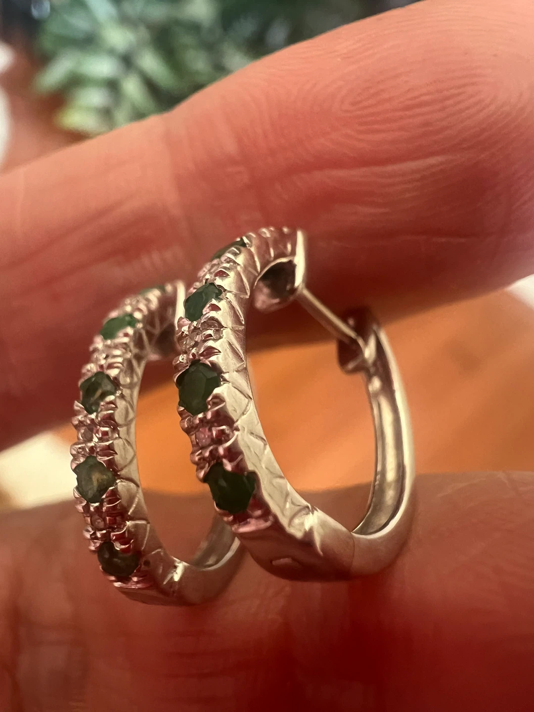 10K Gold Emerald & Diamond Hoop Earrings