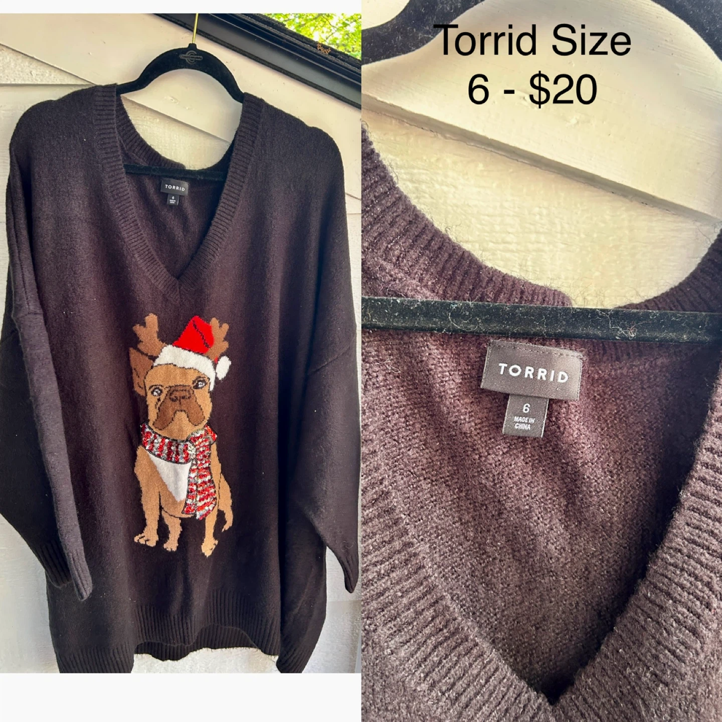 Torrid Women's V-Neck French Bulldog Christmas Sweater Size 6