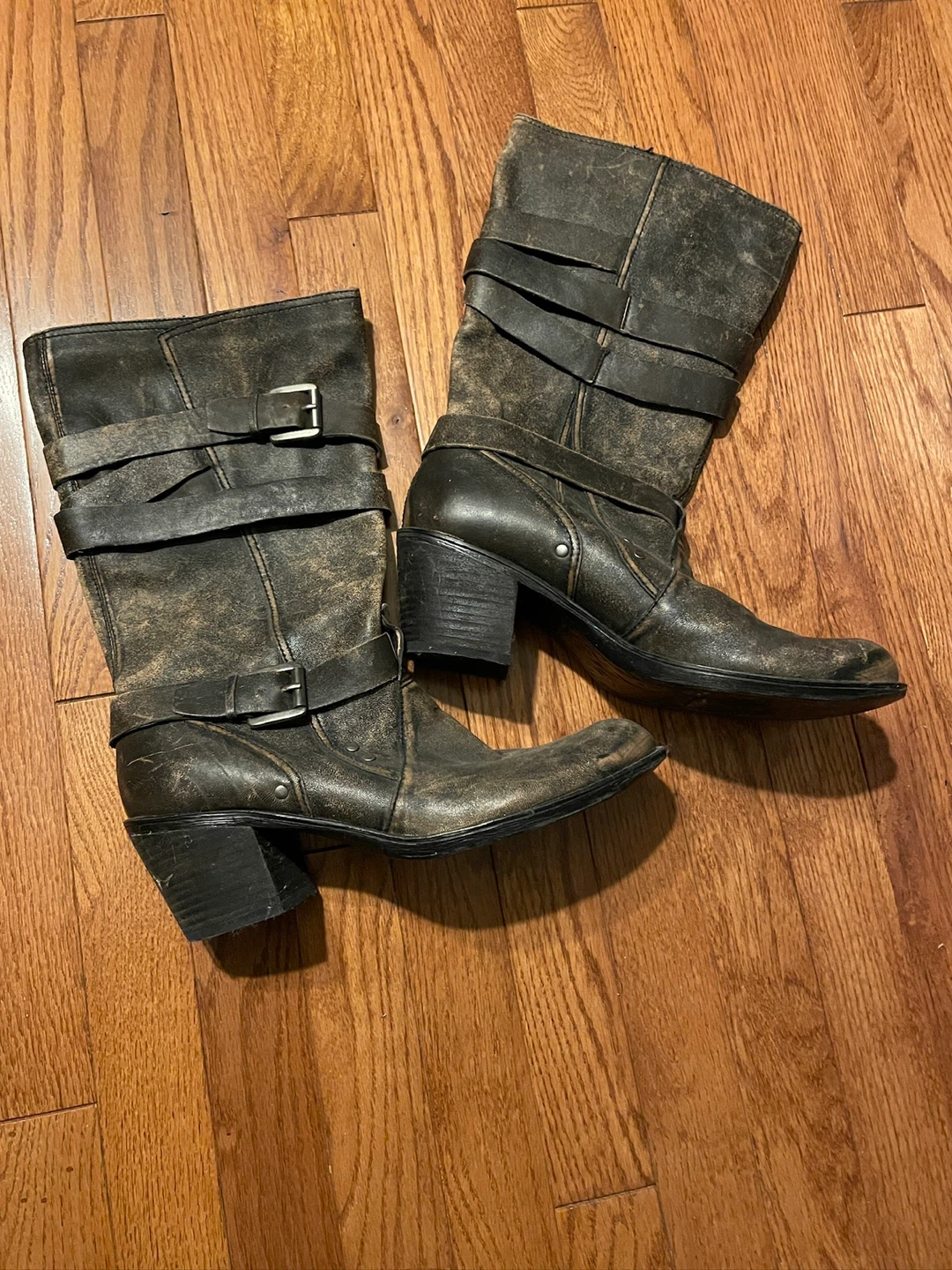 Distressed Buckle Strap Biker Boots