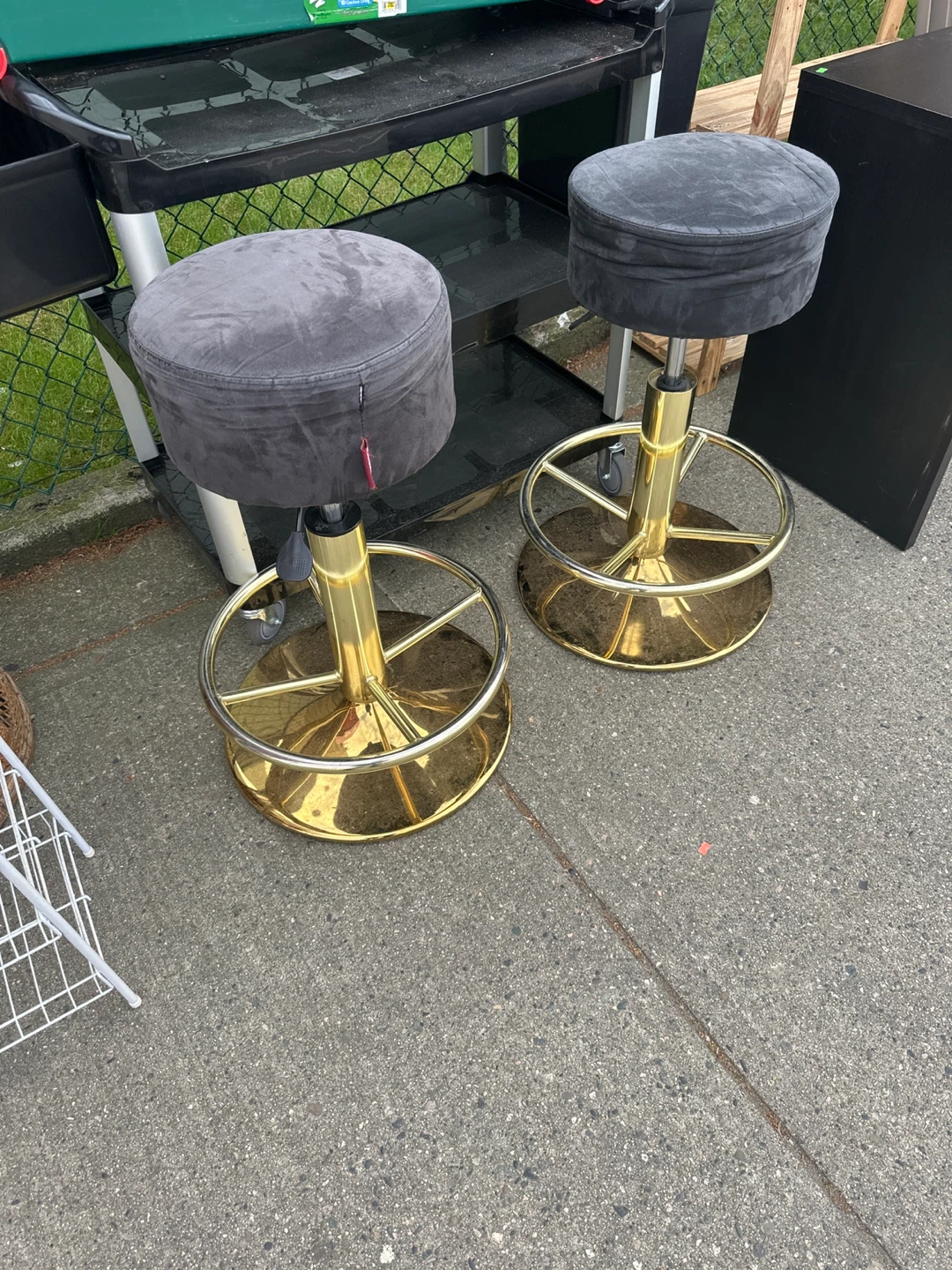 Set of 2 Grey Velvet Bar Stools with Gold Base