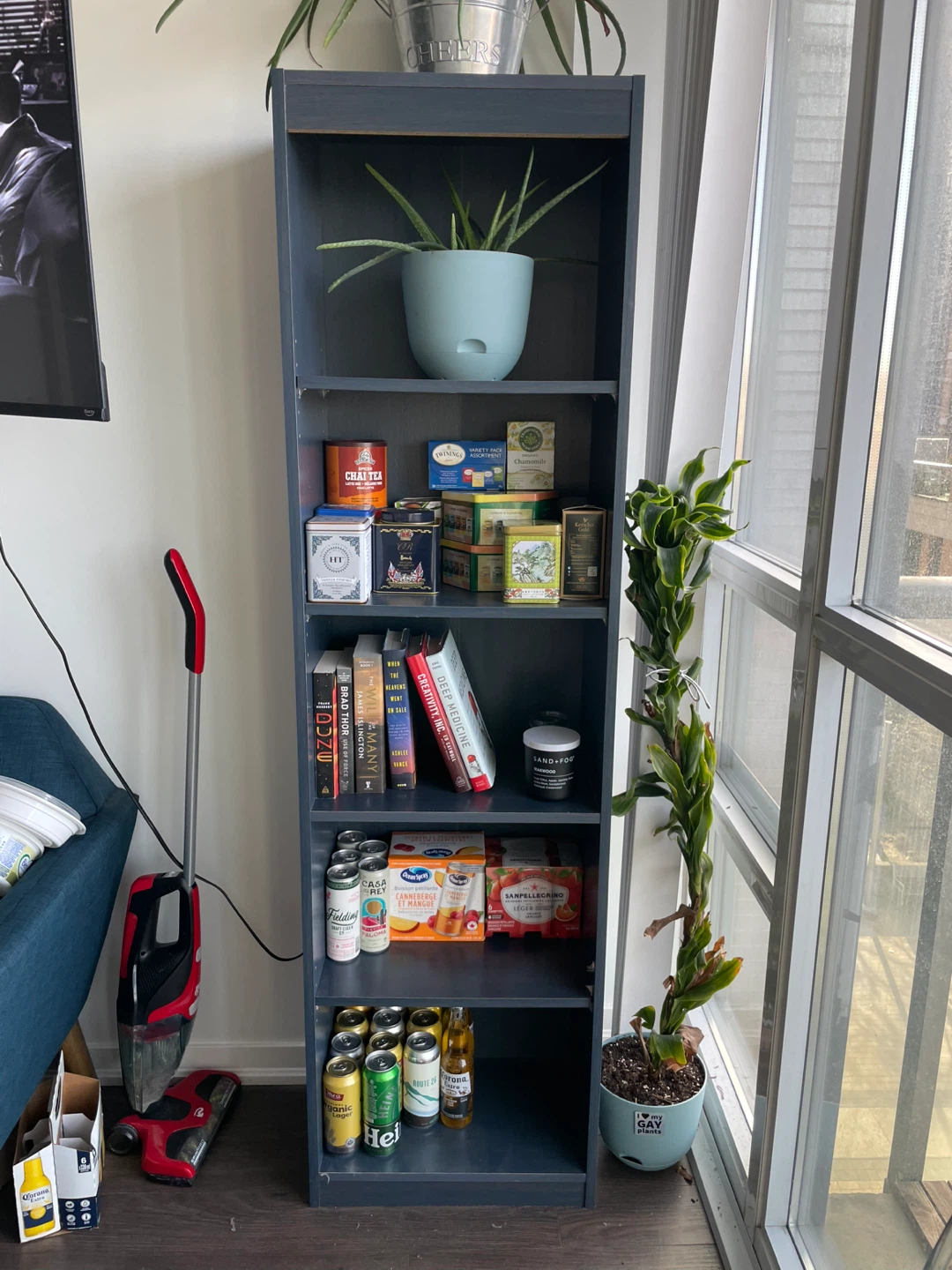 Blue wooden bookshelf