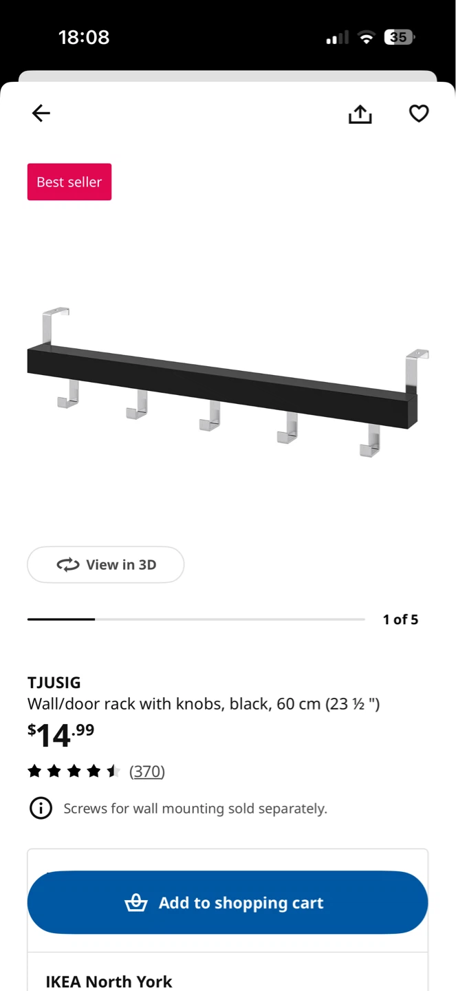 2 IKEA TJUSIG Wall/door rack with knobs, black, 60 cm