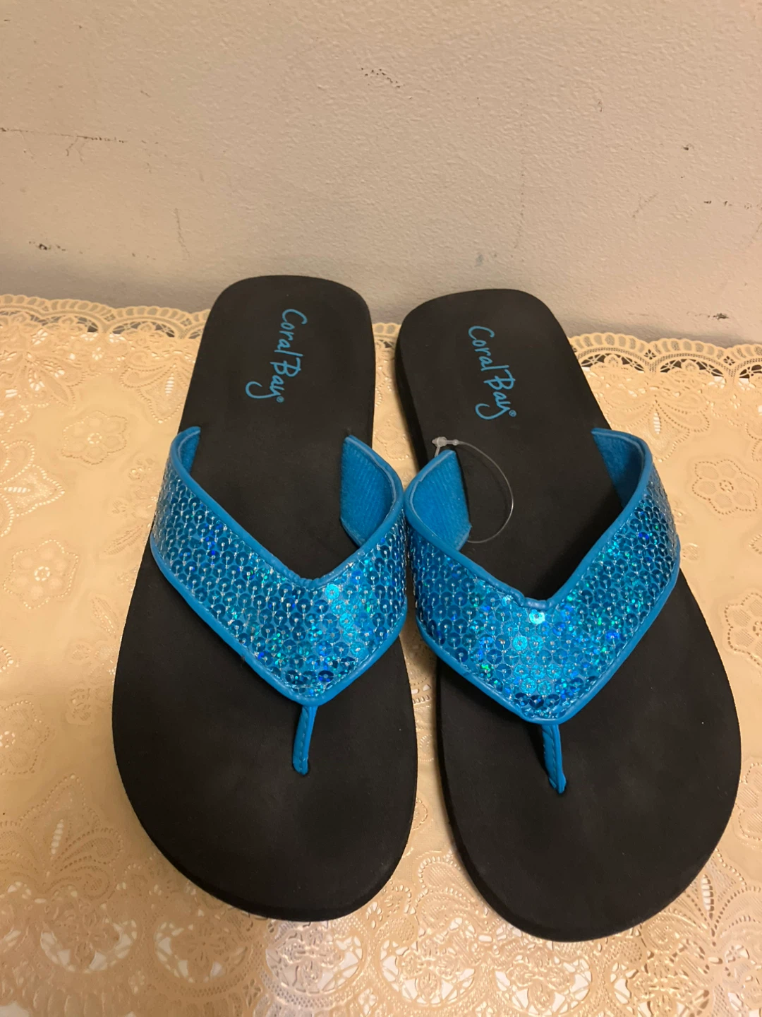 Coral Bay Blue Sequin Flip Flops