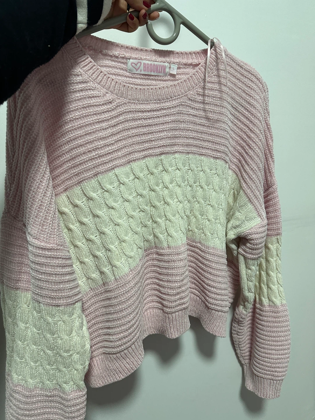 BROOKLYN Pink & Cream Cable Knit Sweater - Size L - photo 3