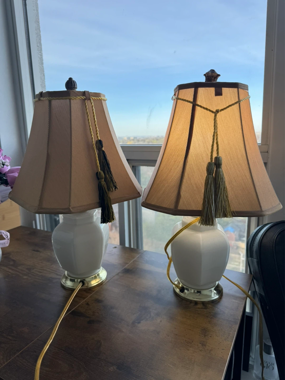 Pair of White Ceramic Table Lamps with Tan Shades