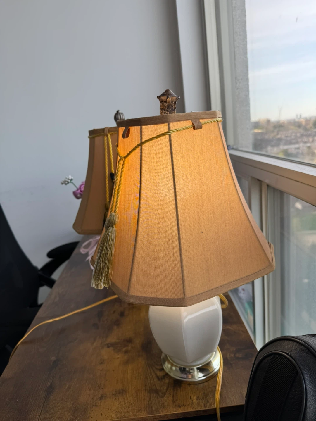 Pair of White Ceramic Table Lamps with Tan Shades - photo 2