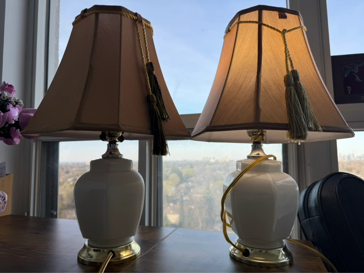 Pair of White Ceramic Table Lamps with Tan Shades - photo 4