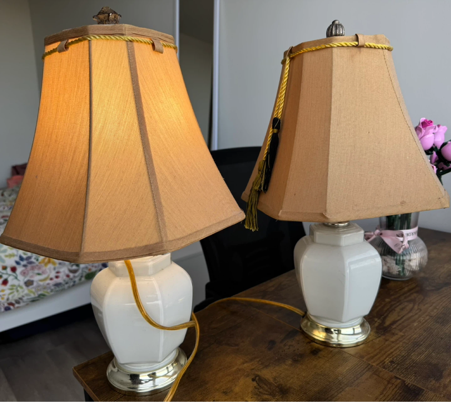 Pair of White Ceramic Table Lamps with Tan Shades - photo 3