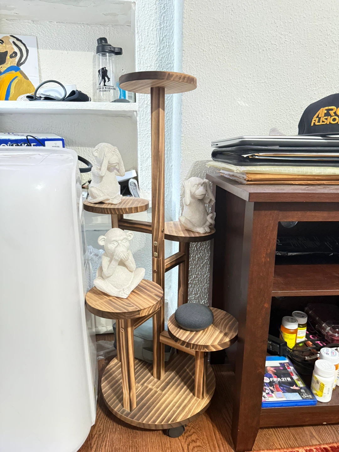 Wooden Tiered Plant Stand with Monkey Figurines