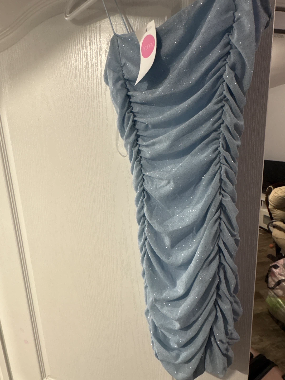 HONEY Sparkle Ruched Mini Dress - Light Blue M/M