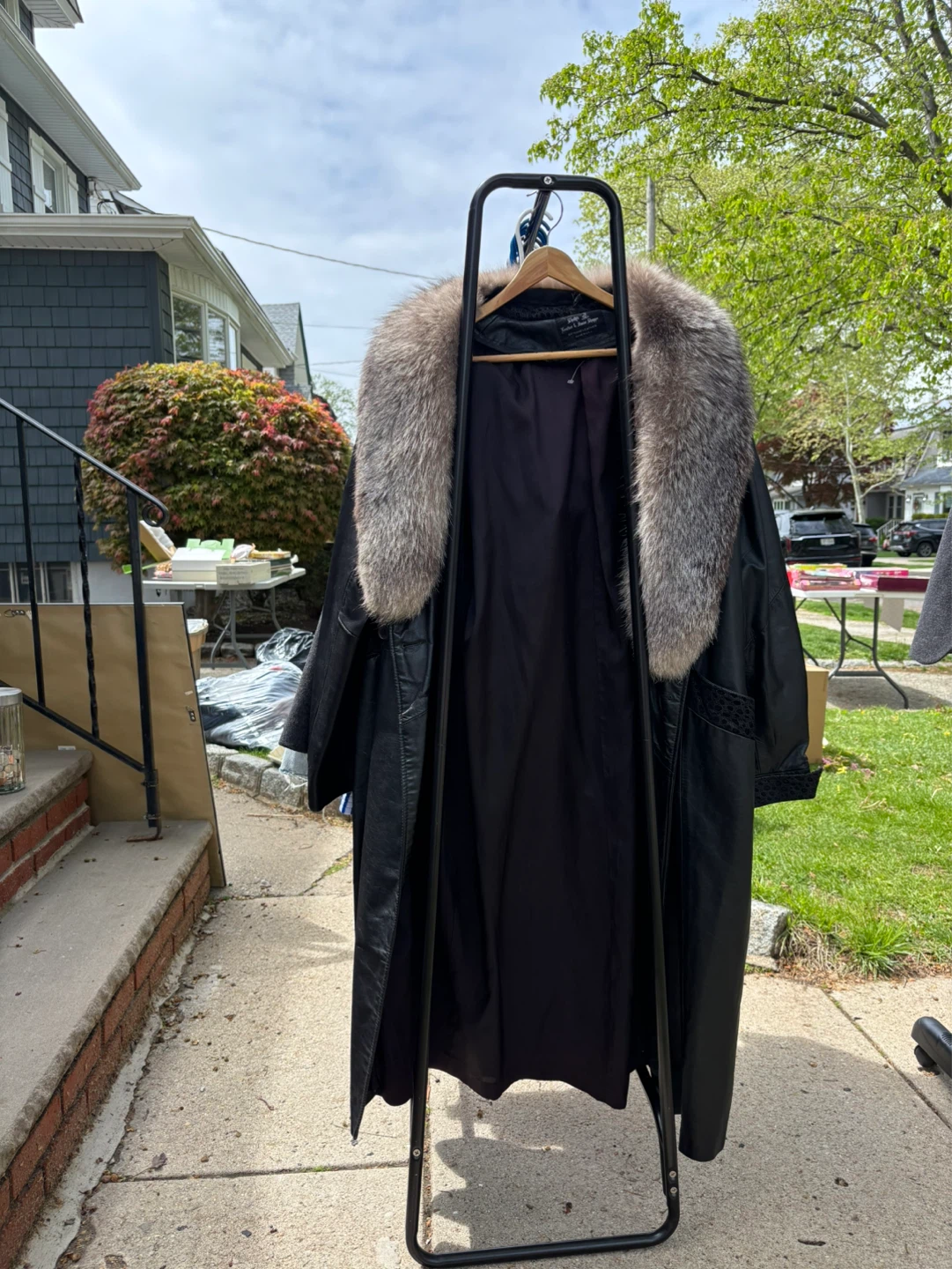 Black Leather Long Coat with Fur Collar
