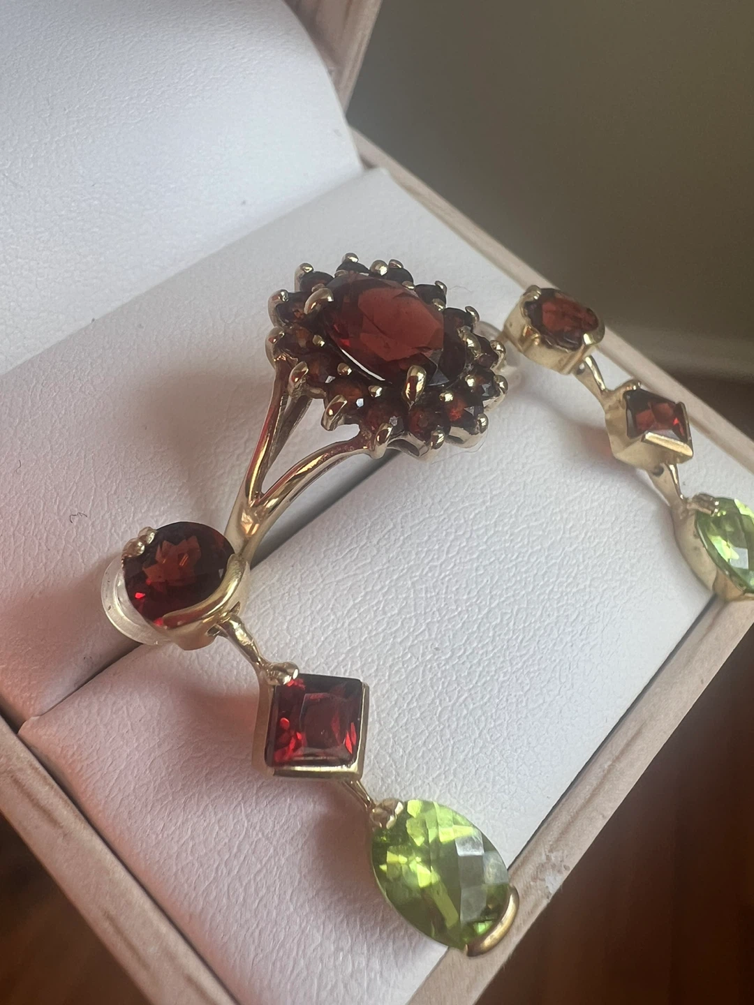 14 k Gold Garnet and Peridot earrings  and Earring Set