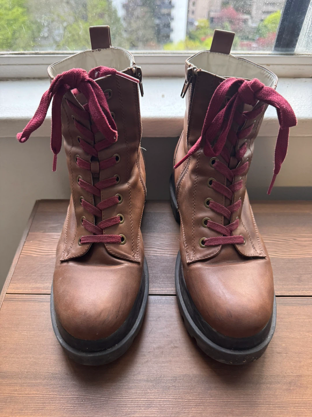 Brown Leather Lace-Up Boots with Side Zipper