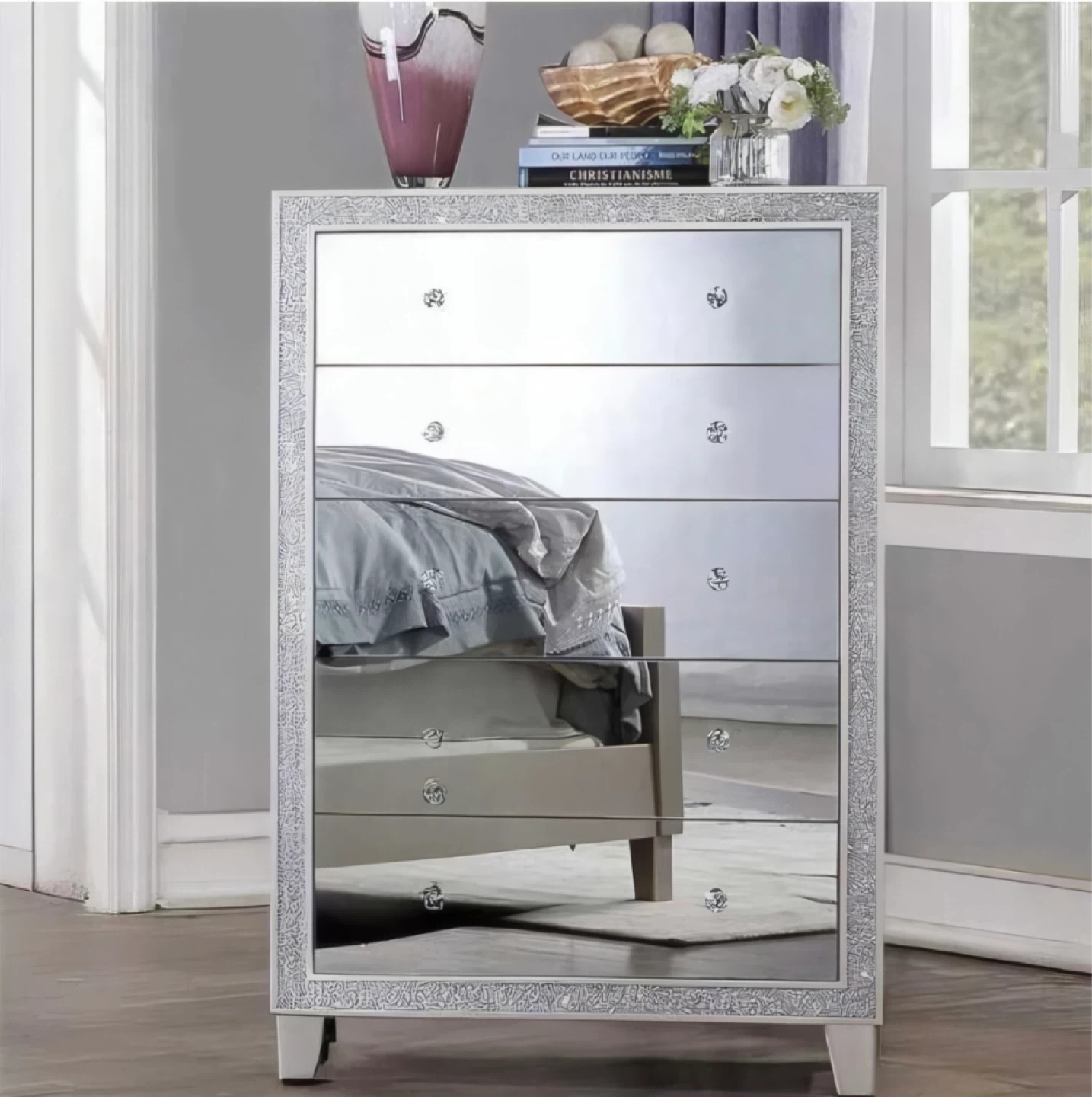 Mirrored 5-Drawer Chest with Crystal Knobs