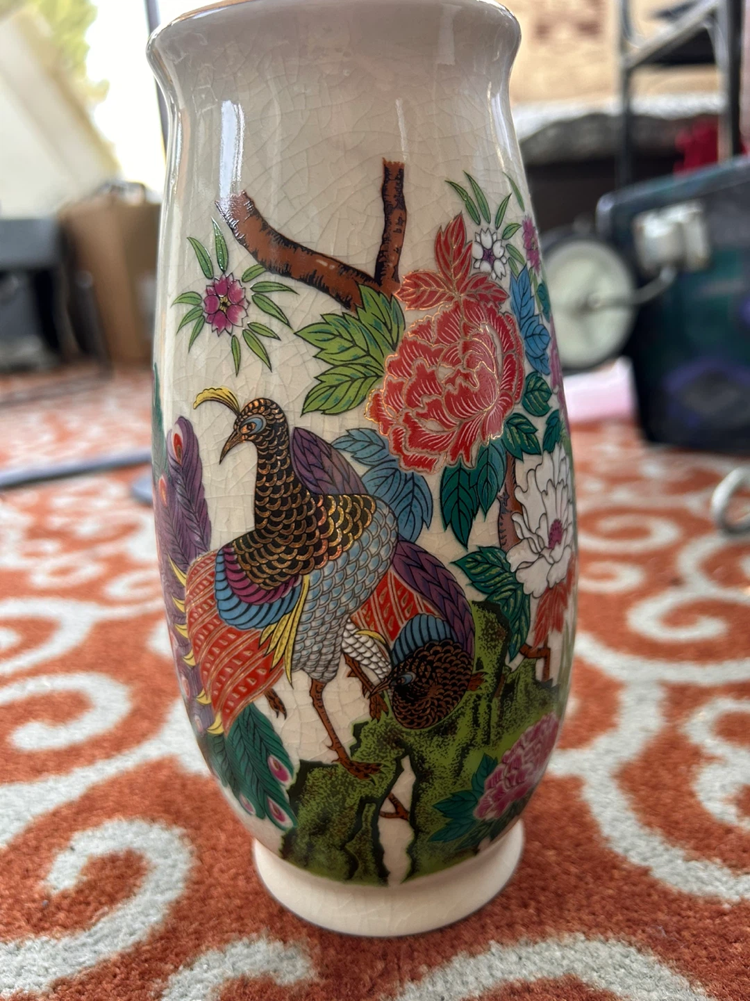 Vintage Ceramic Vase with Peacock and Floral Design