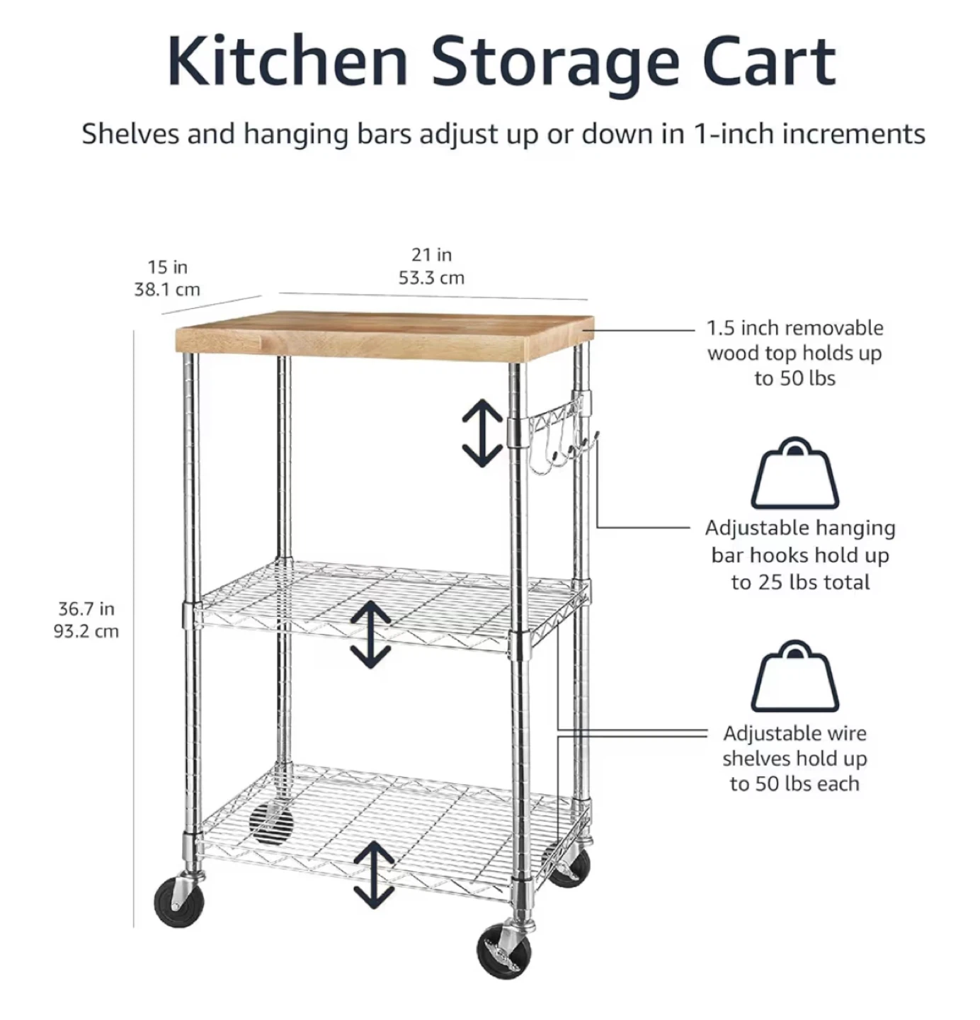 Kitchen Storage Cart with Wood Top - 3 Tiers - photo 4