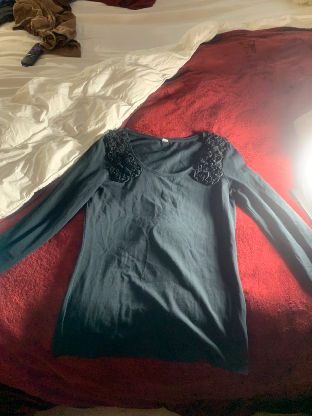 Black Long Sleeve Top with Ruffled Neckline