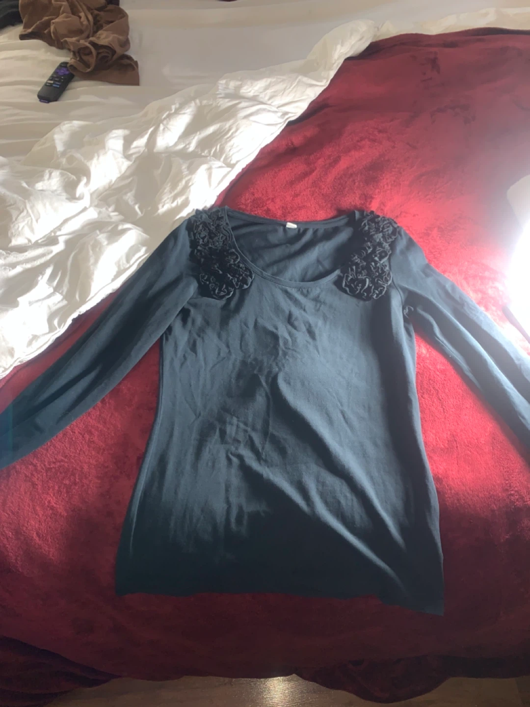 Black Long Sleeve Top with Ruffled Neckline - photo 2